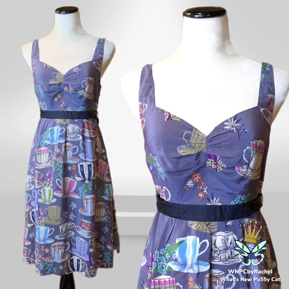 Anthropologie Purple Tea Cup Print Midi Dress